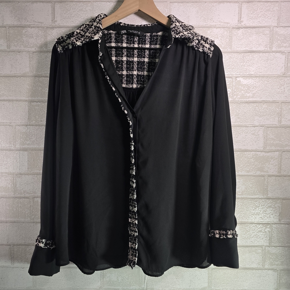 Zara Black Button Down Semi-Sheer Blouse Shirt w/ Tweed Accents Size M